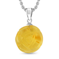 Baltic Amber Carved Flower Pendant in Sterling Silver with Stainless Steel Necklace 20 Inches