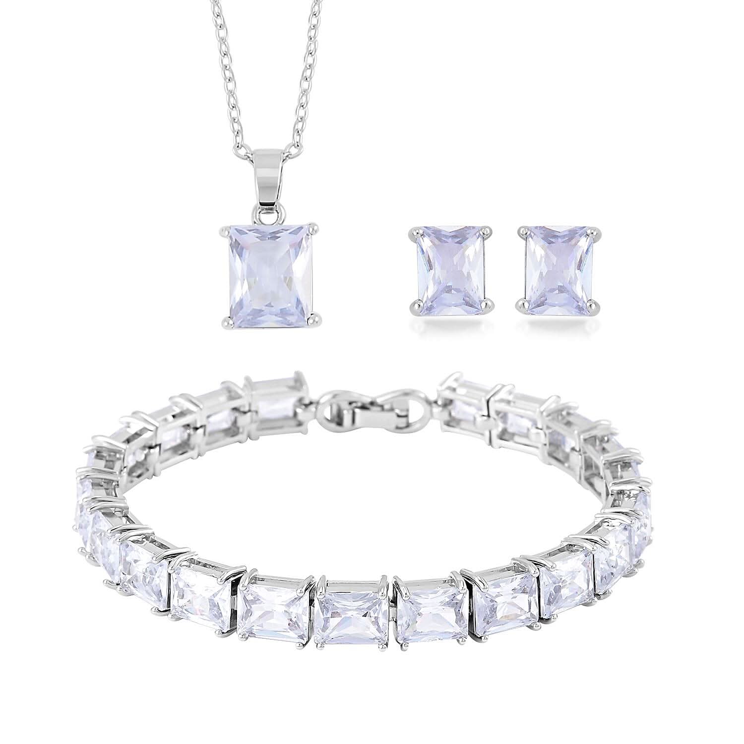 TLV Austrian Crystal Tennis Bracelet (6.50In), Stud Earrings and Pendant Necklace (20 Inches) in Silvertone