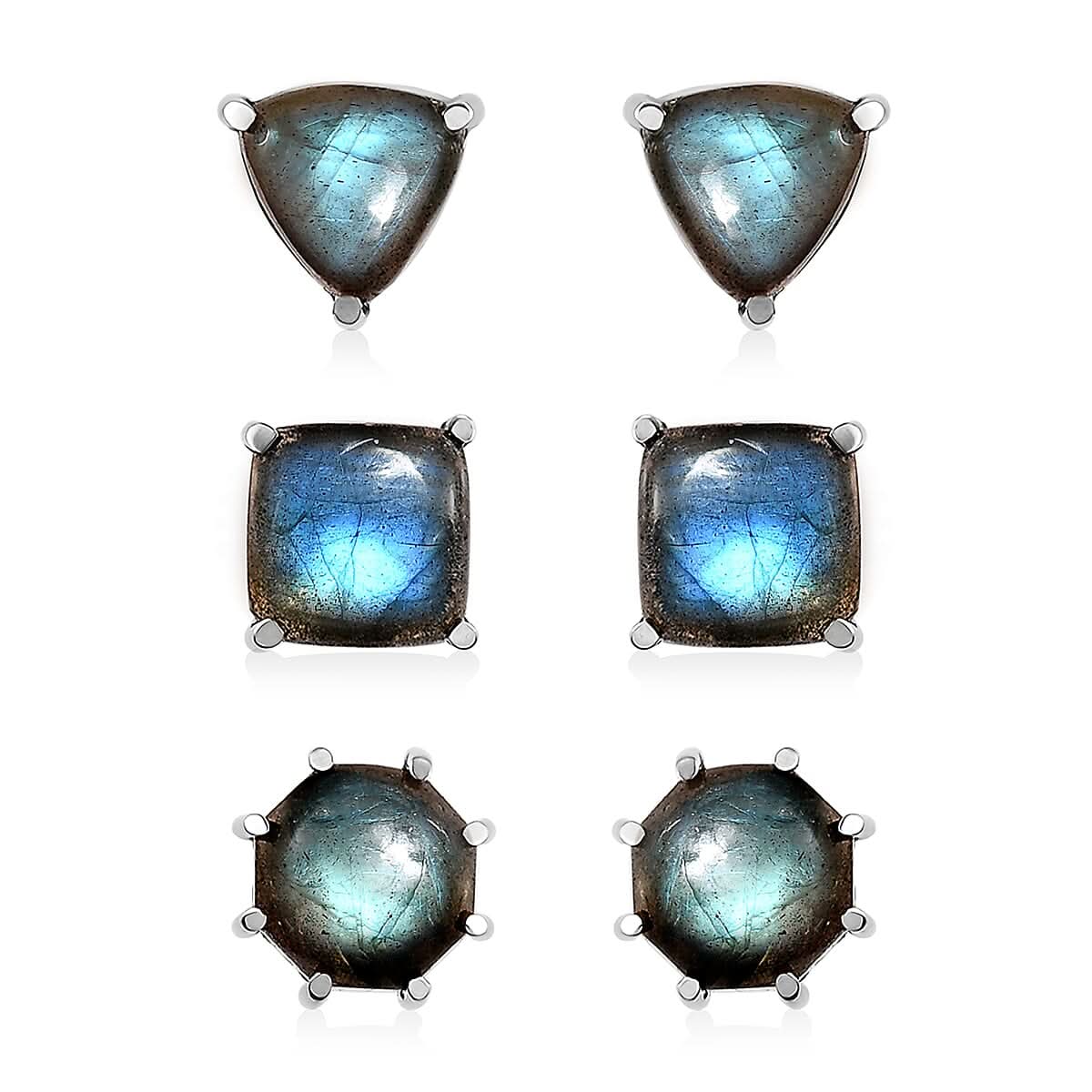 AAA Malagasy Labradorite Set of 3 Solitaire Stud Earrings in Stainless Steel 15.35 ctw