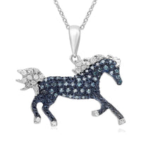 Venice Blue Diamond I1-I2 and Diamond Horse Pendant Necklace 18 Inches in Platinum Over Sterling Silver 0.33 ctw