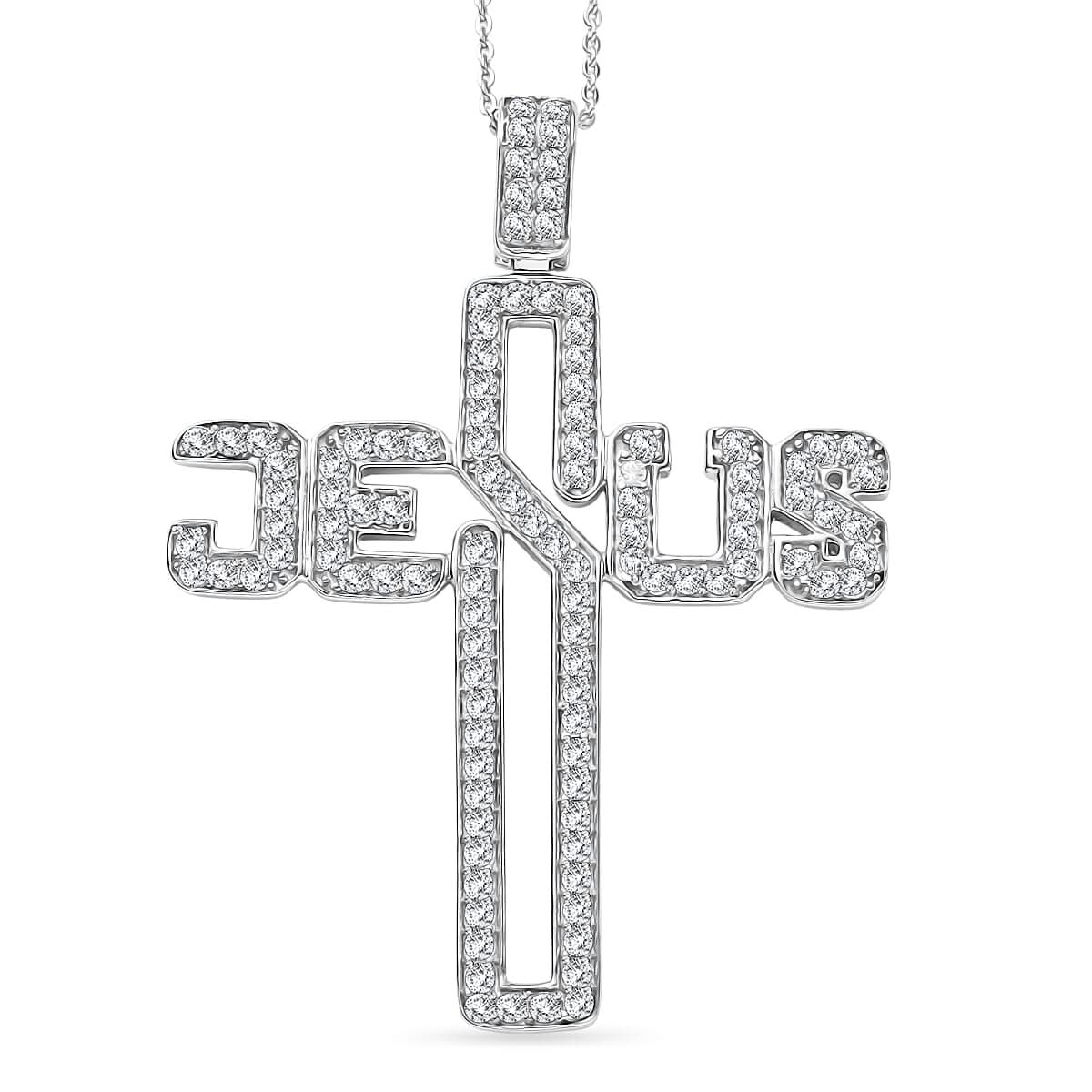 Moissanite Jesus Men's Pendant Necklace 24 Inches in Platinum Over Sterling Silver 1.60 ctw