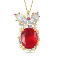 Simulated Ruby and Simulated Multi Color Diamond Pendant Necklace 20 Inches in Goldtone and ION Plated YG Stainless Steel 0.30 ctw