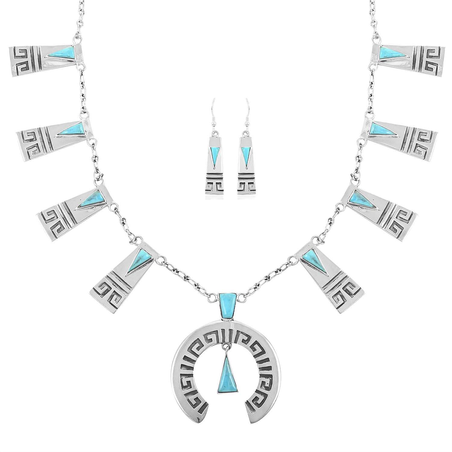 Santa Fe Style Kingman Turquoise Tribal Horseshoe Necklace 20 Inches and Earrings in Sterling Silver 15.00 ctw