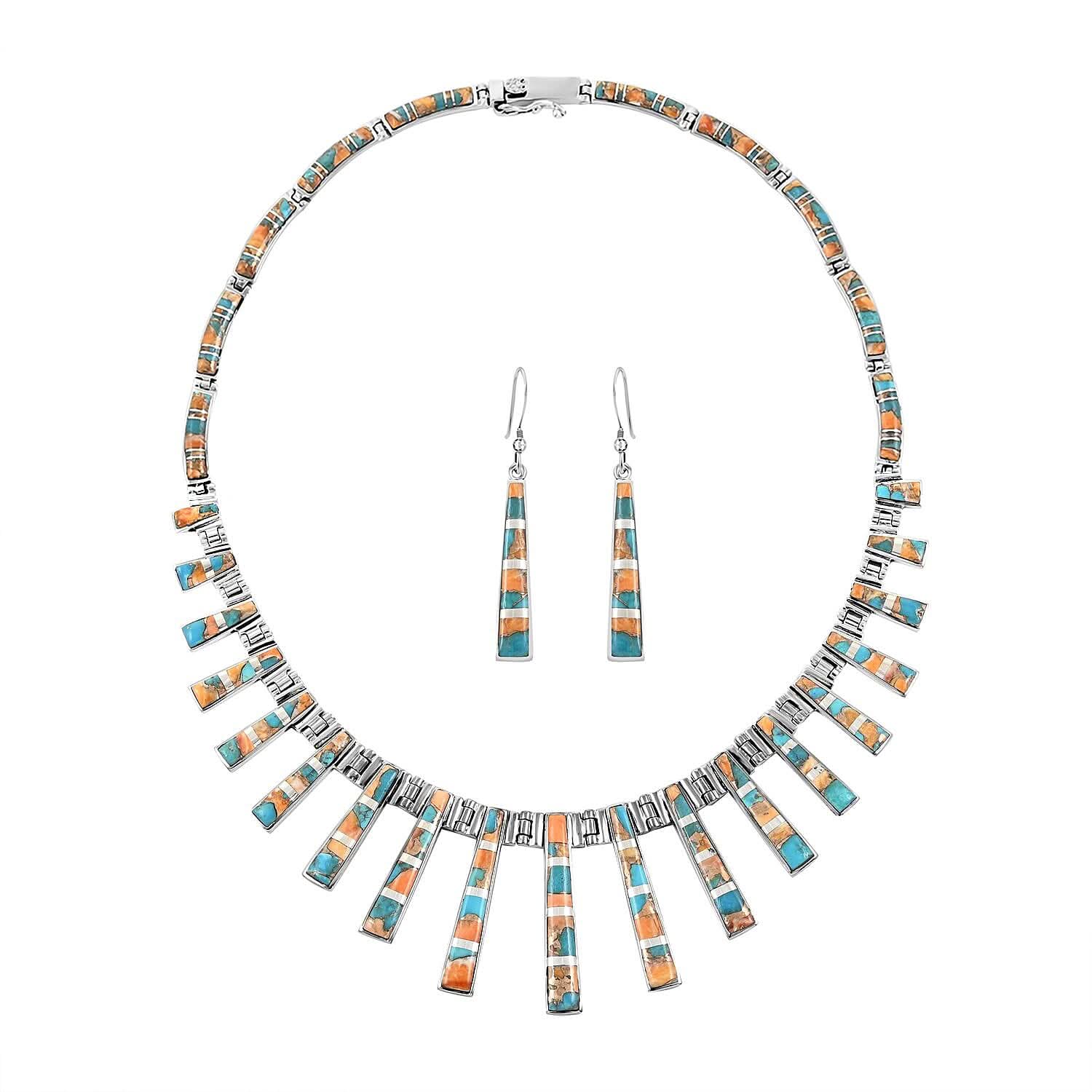 Santa Fe Style Spiny Turquoise Tribal Geometry Necklace 18 In and Earrings in Sterling Silver 15.00 ctw