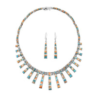 Santa Fe Style Spiny Turquoise Tribal Geometry Necklace 18 In and Earrings in Sterling Silver 15.00 ctw
