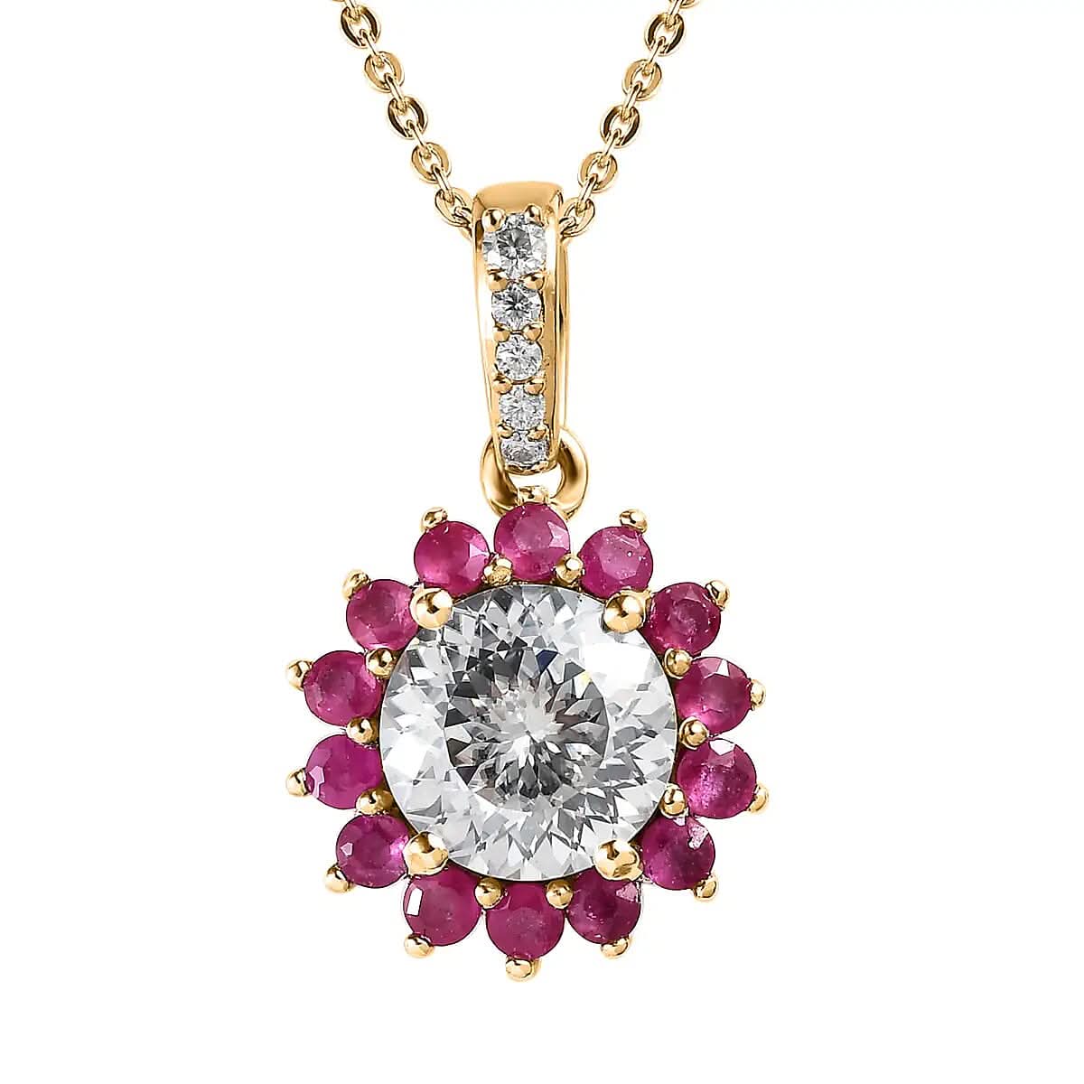 120 Facets Moissanite (Rnd 8mm), Niassa Ruby (FF) Floral Pendant Necklace (20 Inches) in 14K YG Over Sterling Silver 2.75 ctw