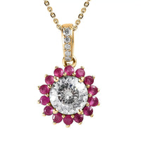 120 Facets Moissanite (Rnd 8mm), Niassa Ruby (FF) Floral Pendant Necklace (20 Inches) in 14K YG Over Sterling Silver 2.75 ctw
