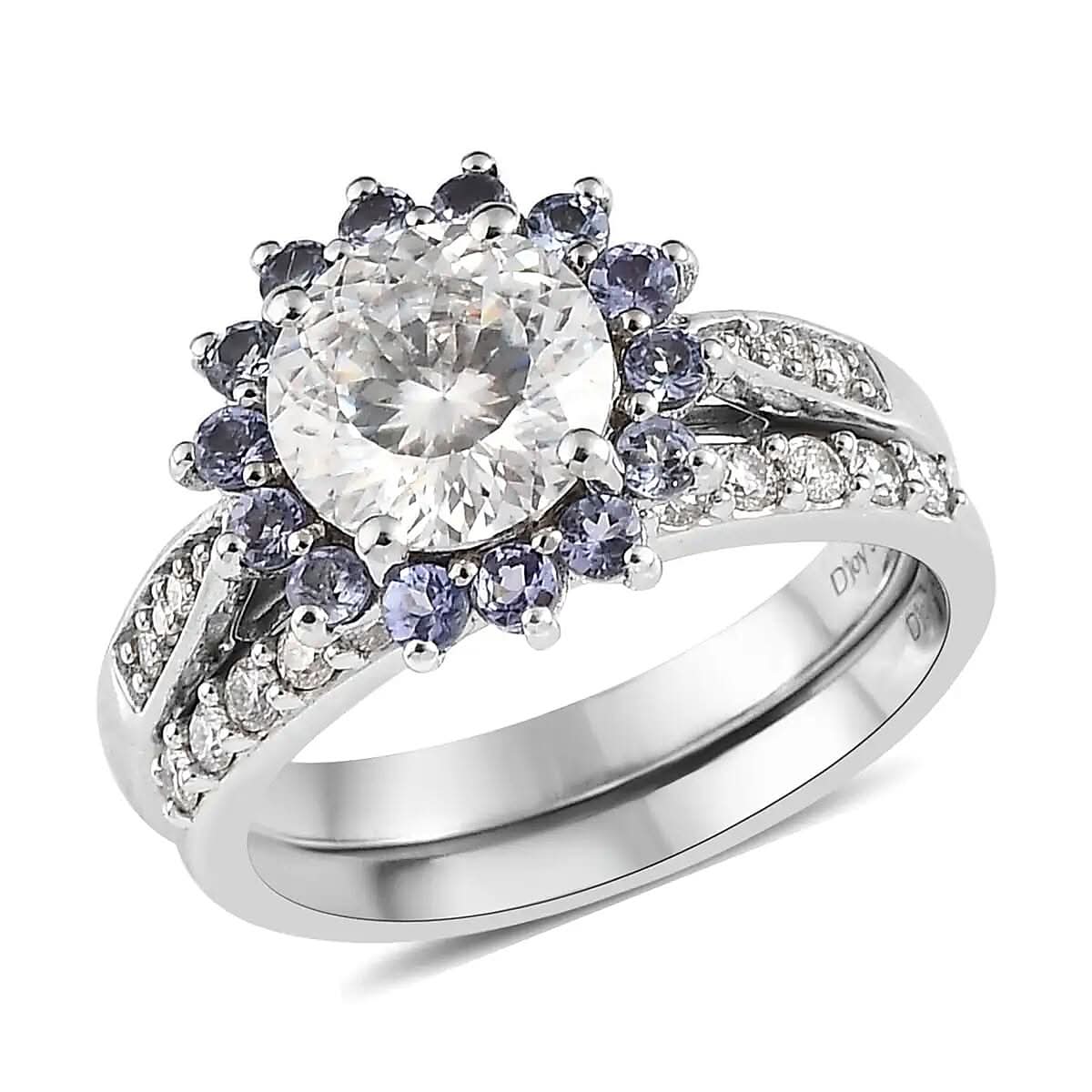 TLV 120 Facets Moissanite (Rnd 8mm), Tanzanite Set of 2 Ring in Platinum Over Sterling Silver (Size 7.0) 2.75 ctw
