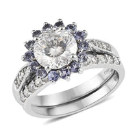 TLV 120 Facets Moissanite (Rnd 8mm), Tanzanite Set of 2 Ring in Platinum Over Sterling Silver (Size 7.0) 2.75 ctw