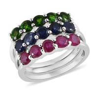 TLV Chrome Diopside, Masoala Sapphire (FF), Niassa Ruby (FF) Set of 3 Ring in Platinum Over Sterling Silver (Size 7.0) 3.65 Carat Total Weight