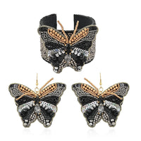 Set of 2 Multi Color Seed Beaded Butterfly Cuff Bracelet and Earrings in Goldtone