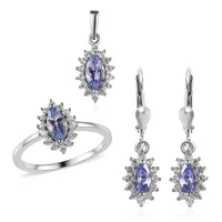 Tanzanite and White Zircon Earrings, Ring (Size 5.0) and Pendant in Platinum Over Sterling Silver 2.60 ctw