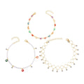 Simulated Pearl, Resin and Austrian Crystal Set of 3 Flower, Beaded, Evil Eye & Butterfly Anklet in Goldtone - Sticky add to cart bar