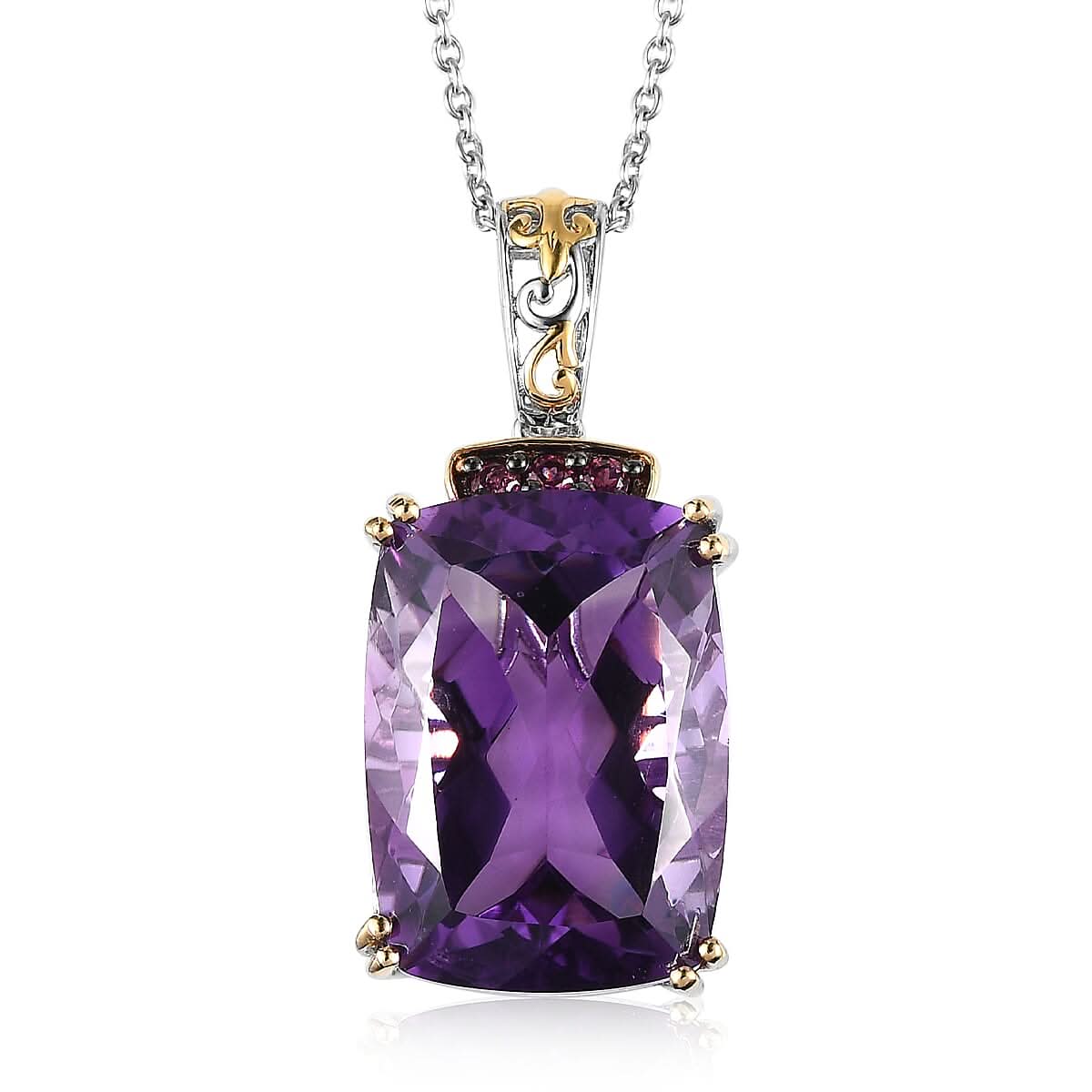 Amethyst and Orissa Rhodolite Garnet Pendant Necklace 20 Inches in Platinum Over Sterling Silver 26.00 ctw