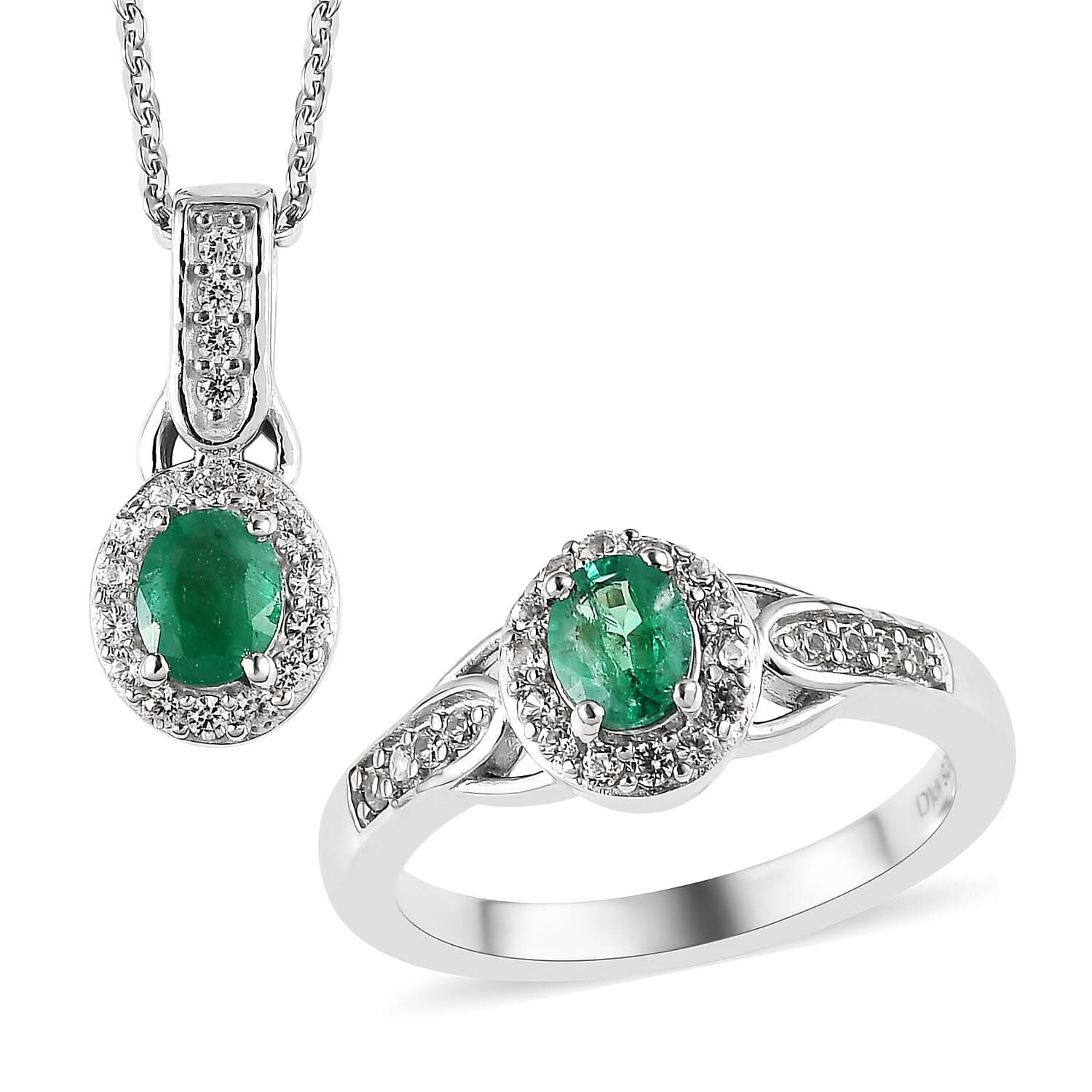 AAA Kagem Zambian Emerald, Zircon Halo Ring and Pendant Necklace 20 Inches in Platinum Over Sterling Silver 1.30 ctw