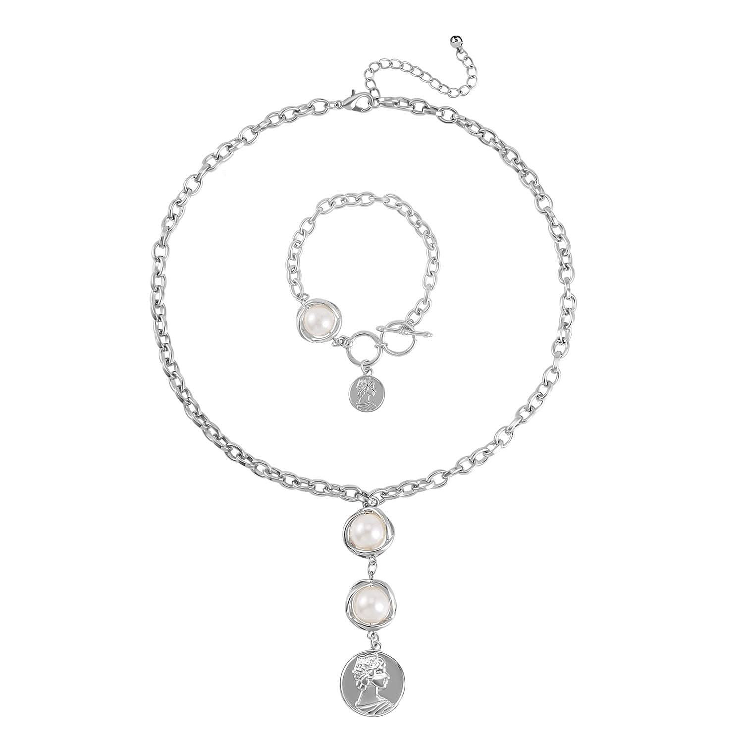 Simulated Pearl Necklace 20-22 Inches and Bracelet 7-8In in Silvertone