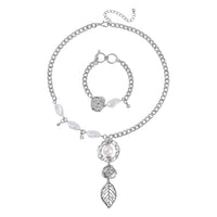 Simulated Pearl, Austrian Crystal Necklace 20-22 Inches and Bracelet 7.5-9.5In in Silvertone