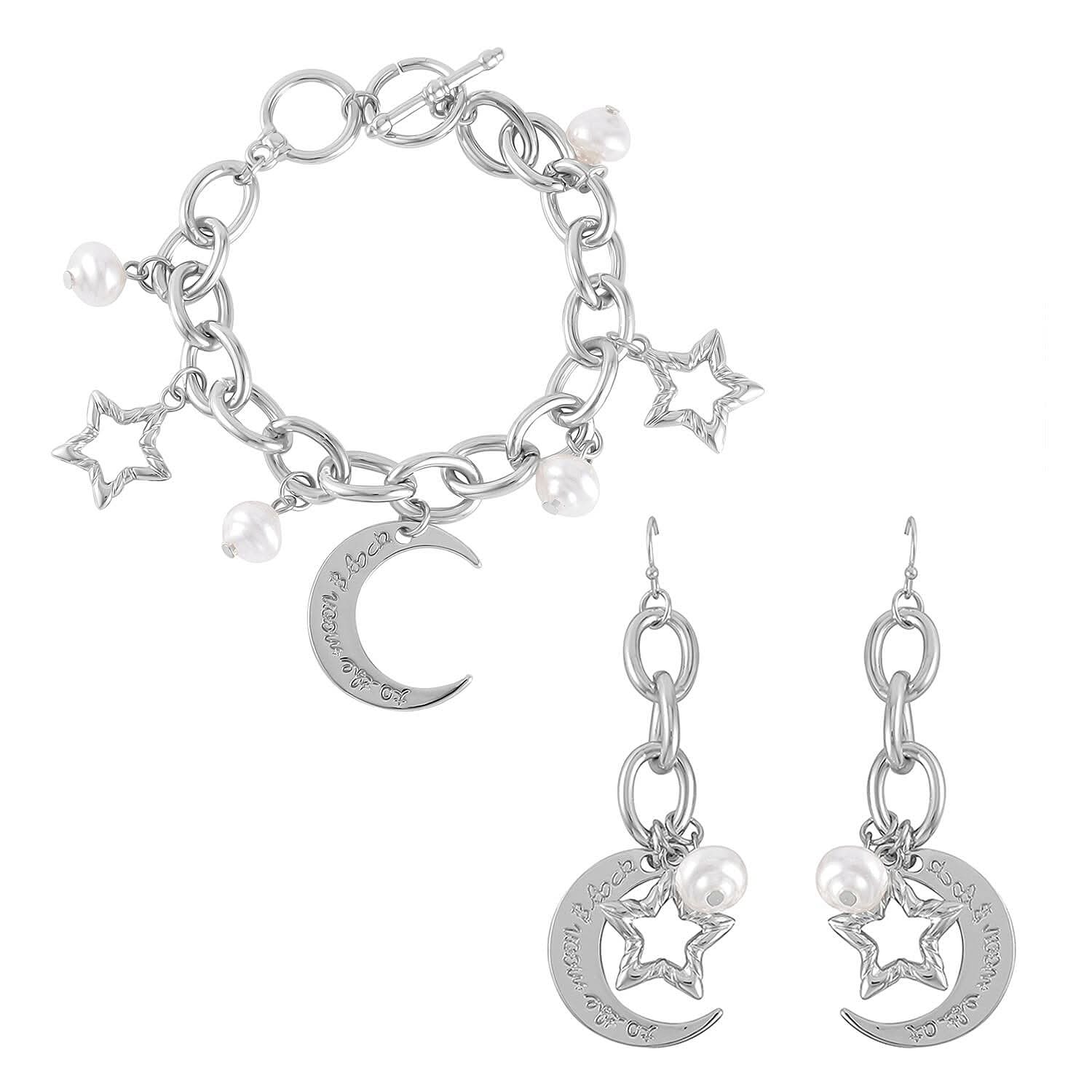 Simulated Pearl Bracelet (7.50-8.50In) and Earrings in Silvertone