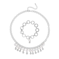 Simulated Pearl Glass Necklace 20-22 Inches and Bracelet 8In in Silvertone