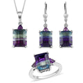 Bi Color Fluorite, Amethyst Earrings, Ring and Pendant Necklace 20 Inches in Platinum Over Sterling Silver 17.00 ctw (Del. in 7-10 Days) - Sticky add to cart bar