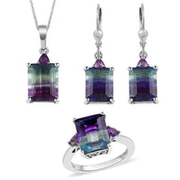 Bi Color Fluorite, Amethyst Earrings, Ring and Pendant Necklace 20 Inches in Platinum Over Sterling Silver 17.00 ctw (Del. in 7-10 Days)