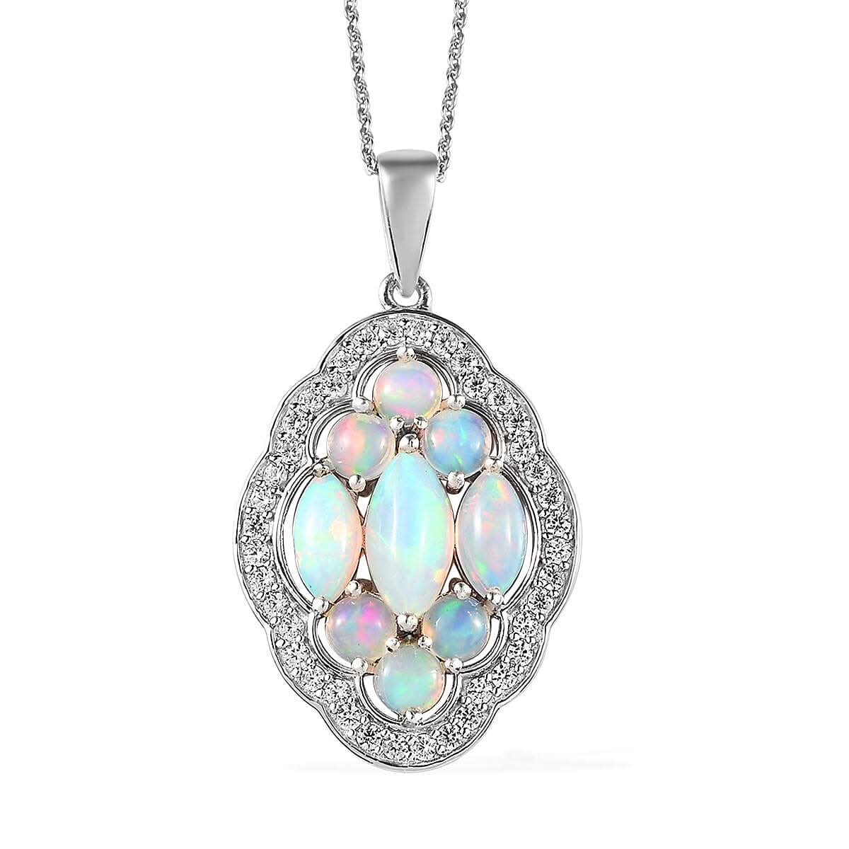 Premium Ethiopian Welo Opal and White Zircon Pendant Necklace 20 Inches in Platinum Over Sterling Silver 3.40 ctw