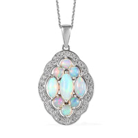 Premium Ethiopian Welo Opal and White Zircon Pendant Necklace 20 Inches in Platinum Over Sterling Silver 3.40 ctw