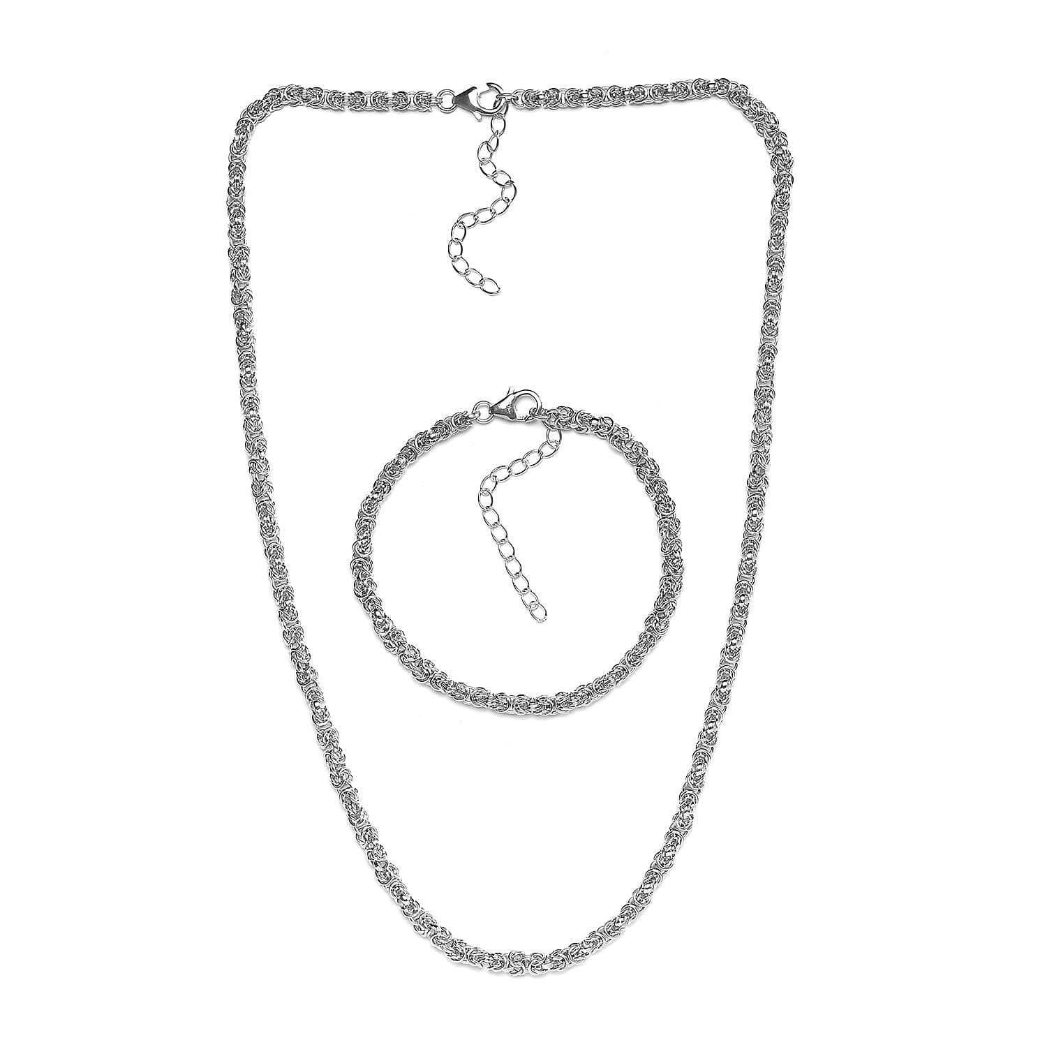 Artisan Crafted Platinum Over Sterling Silver Byzantine Bracelet (7.25-9.25In) and Necklace 18-20Inches 26 Grams