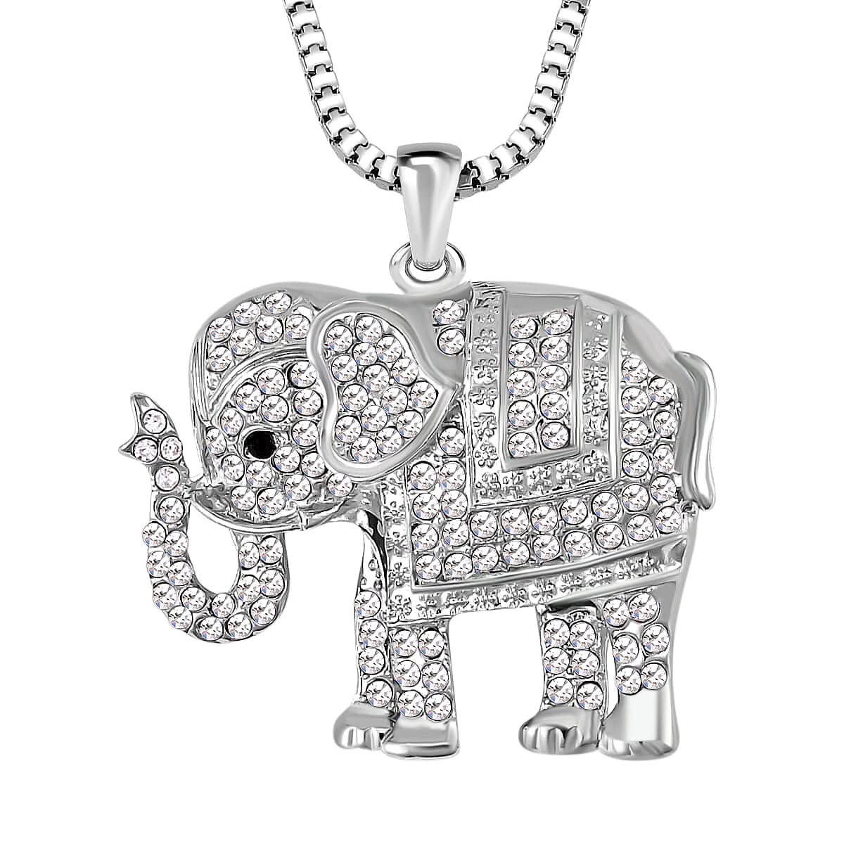 Black and White Austrian Crystal Elephant Pendant Necklace 29-31 Inches in Silvertone