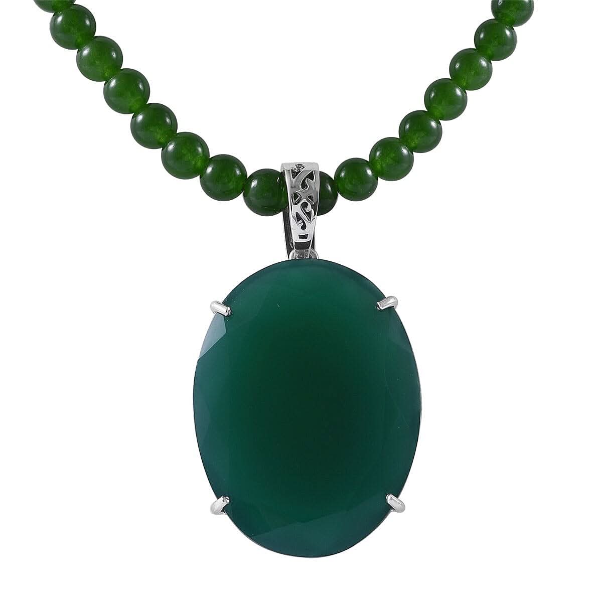 Verde Onyx Pendant with Beaded Necklace 18 Inches in Platinum Over Sterling Silver 150.00 ctw