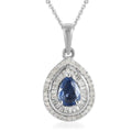 Premium Ceylon Blue Sapphire and Diamond Double Halo Pendant Necklace 20 Inches in Platinum Over Sterling Silver 1.35 ctw - Sticky add to cart bar