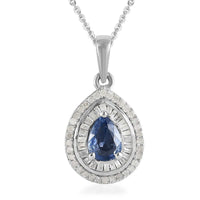 Premium Ceylon Blue Sapphire and Diamond Double Halo Pendant Necklace 20 Inches in Platinum Over Sterling Silver 1.35 ctw