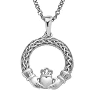 Platinum Over Sterling Silver Claddagh Pendant with Stainless Steel Necklace 20 Inches 3.85 Grams
