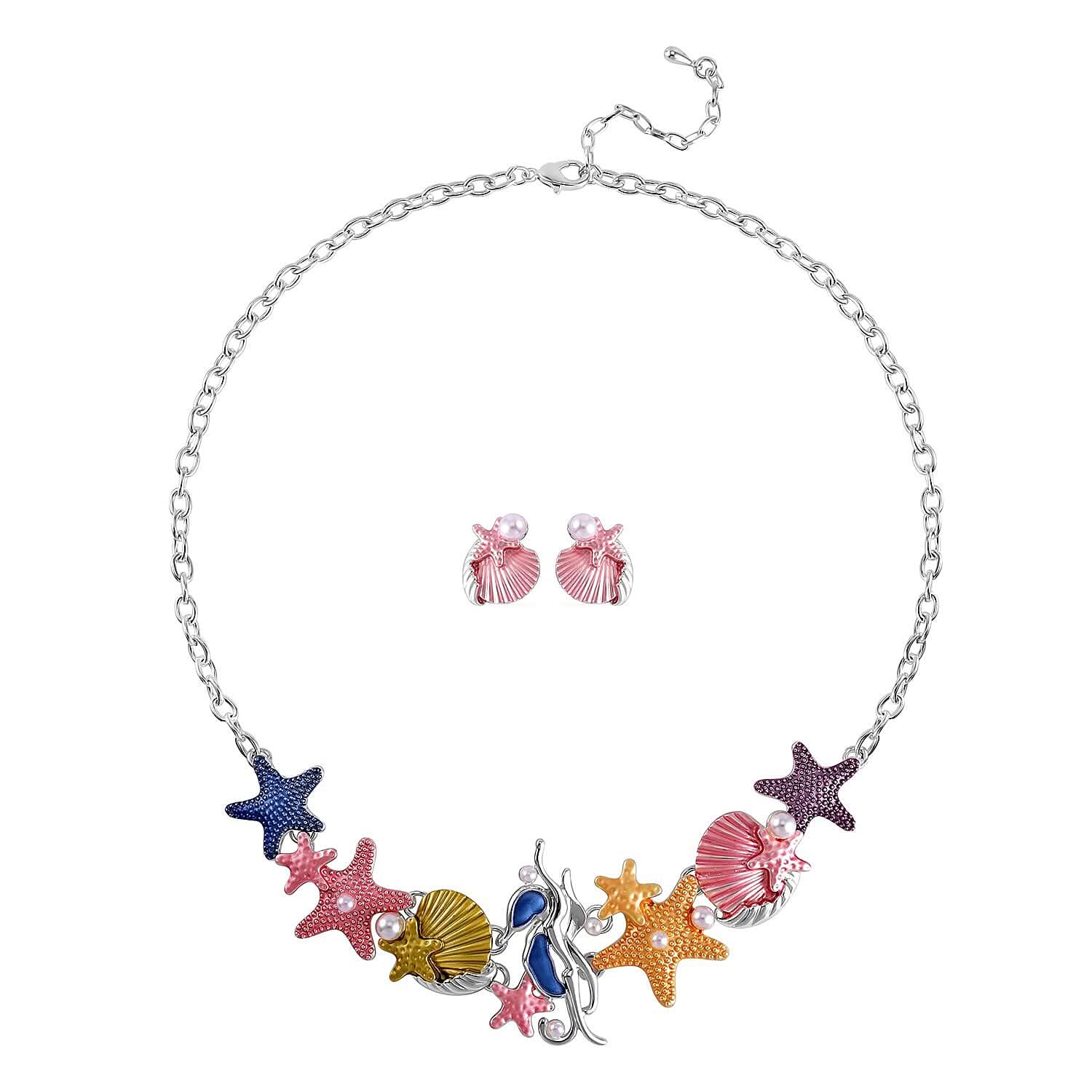 Simulated Pearl and Enamel Necklace 20-22 Inches and Earrings in Silvertone