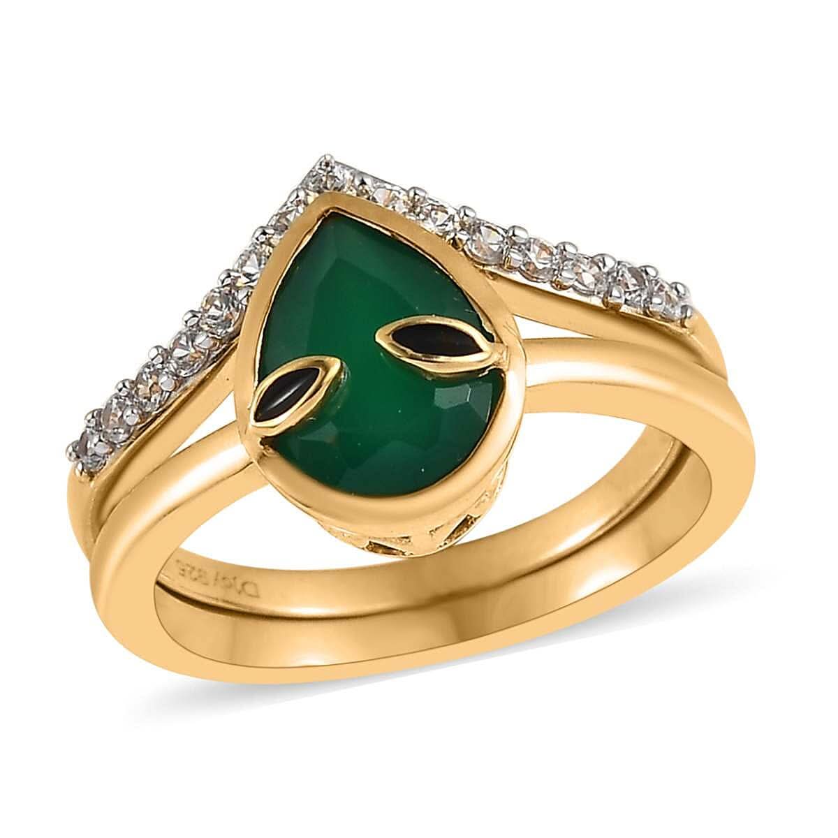 Green Onyx and White Zircon Chevron Alien Band Ring Set in Vermeil Yellow Gold Over Sterling Silver 2.00 ctw