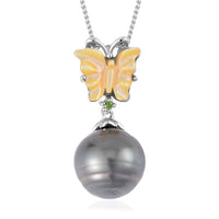 Tahitian Cultured Pearl Multi Gemstone Butterfly Pendant Necklace 18 Inches in Rhodium Over Sterling Silver