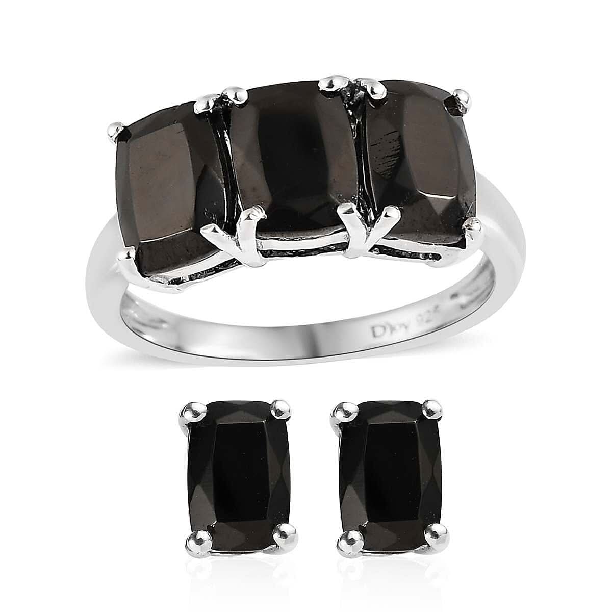 Elite Shungite Stud Earrings and 3 Stone Ring in Platinum Over Sterling Silver 2.40 ctw