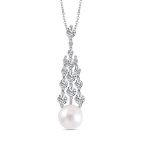 White Freshwater Pearl and Simulated Diamond 1.00 ctw Pendant Necklace in Silvertone 20 Inches