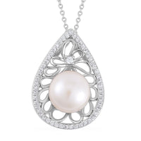 White Freshwater Pearl and Simulated Diamond Drop Pendant Necklace 20 Inches in Silvertone 0.30 ctw