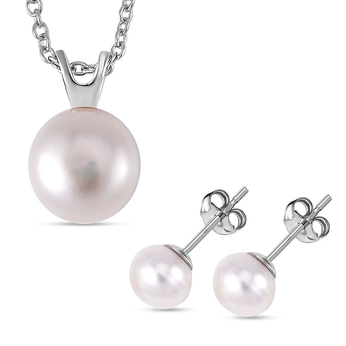 White Freshwater Cultured Pearl Solitaire Stud Earrings and Pendant Necklace 20 Inches in Rhodium Over Sterling Silver