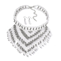 Sapphire Blue Glass, Resin Waterfall Necklace 16-20 Inches and Earrings in Silvertone & Stainless Steel