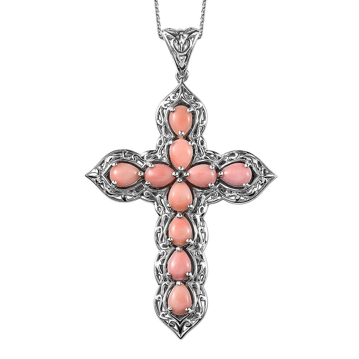 Oregon Peach Opal Cross Pendant Necklace 20 Inches in Platinum Over Sterling Silver 5.20 ctw