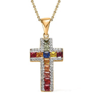 Premium Multi Sapphire and White Zircon 2.10 ctw Cross Pendant Necklace in Vermeil Yellow Gold Over Sterling Silver 20 Inches
