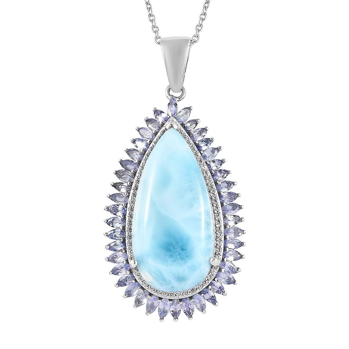 Larimar and Multi Gemstone Double Halo Pendant Necklace 20 Inches in Platinum Over Sterling Silver 31.35 ctw