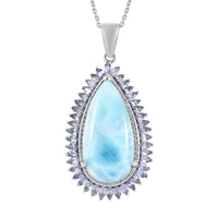 Larimar and Multi Gemstone Double Halo Pendant Necklace 20 Inches in Platinum Over Sterling Silver 31.35 ctw