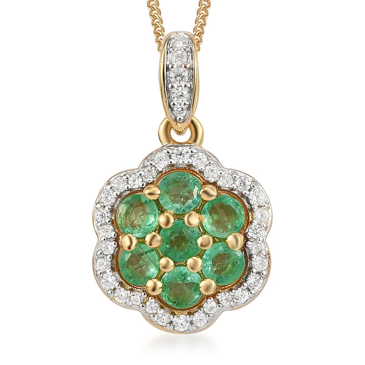 Boyaca Colombian Emerald and Natural White Zircon Floral Pendant Necklace 20 Inches in Vermeil Yellow Gold and Platinum Over Sterling Silver 1.10 ctw