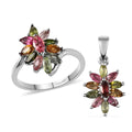 Multi-Tourmaline Floral Ring (Size 6.0) and Floral Pendant in Platinum Over Sterling Silver 1.85 ctw - Sticky add to cart bar