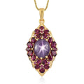 Indian Star Ruby and Orissa Rhodolite Garnet Elongated Pendant Necklace 20 Inches in Vermeil Yellow Gold Over Sterling Silver 12.75 ctw - Sticky add to cart bar