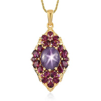 Indian Star Ruby and Orissa Rhodolite Garnet Elongated Pendant Necklace 20 Inches in Vermeil Yellow Gold Over Sterling Silver 12.75 ctw