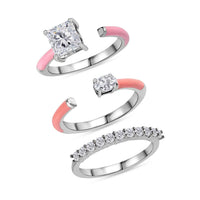 Set of 3 Moissanite and Enameled Stackable Ring in Platinum Over Sterling Silver 1.70 ctw